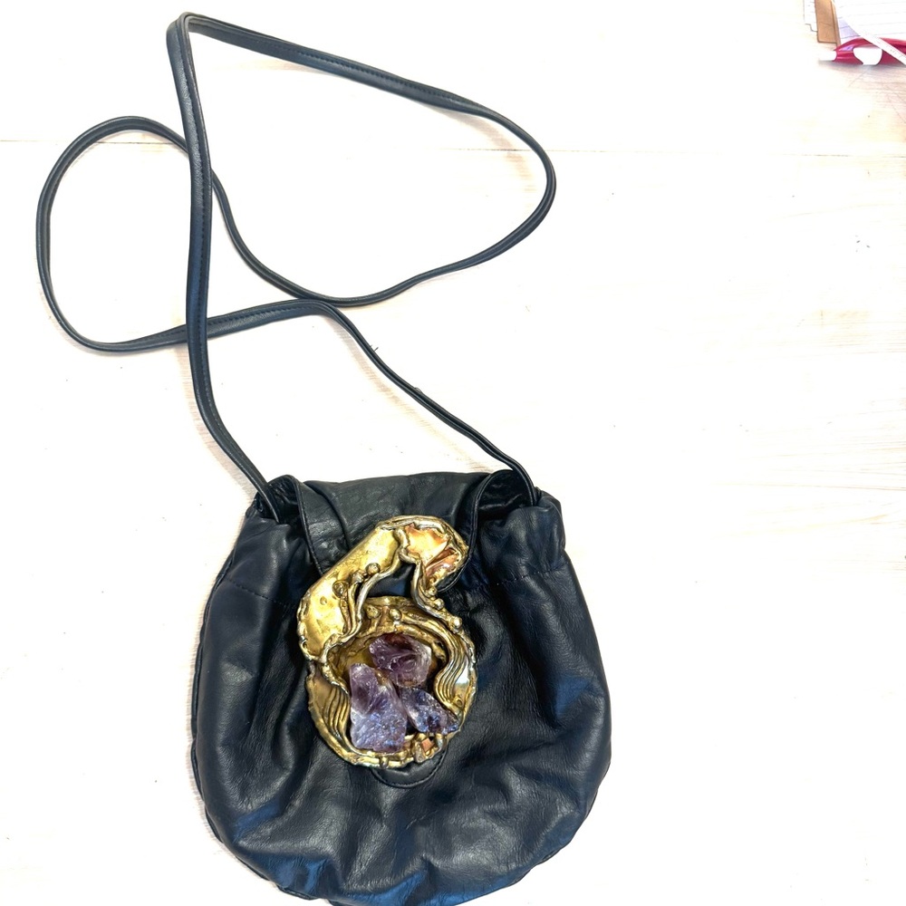 Vintage 1970s Brutalist Bag Amethyst Crystal & Brass